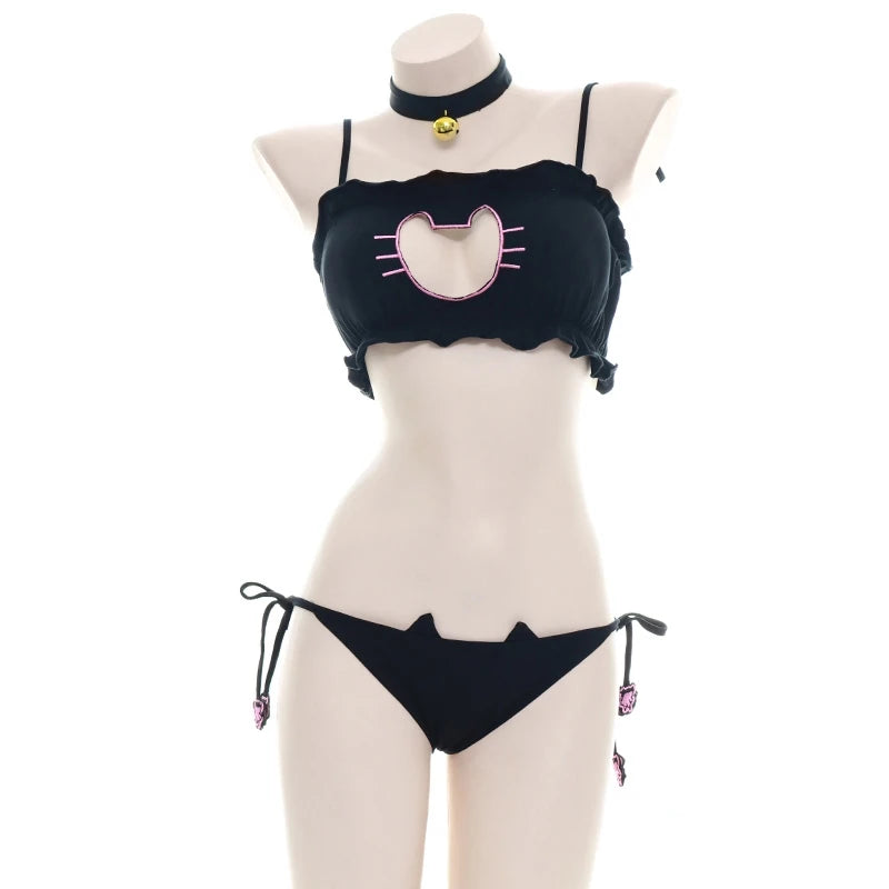 Womens Cat Girl Sexy Lingerie Set Open Chest Embroidery Underwear