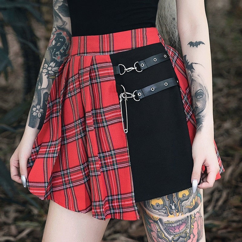 'Fire Within' Red & Black Plaid Cut Out Safety Pin Punk Skirt