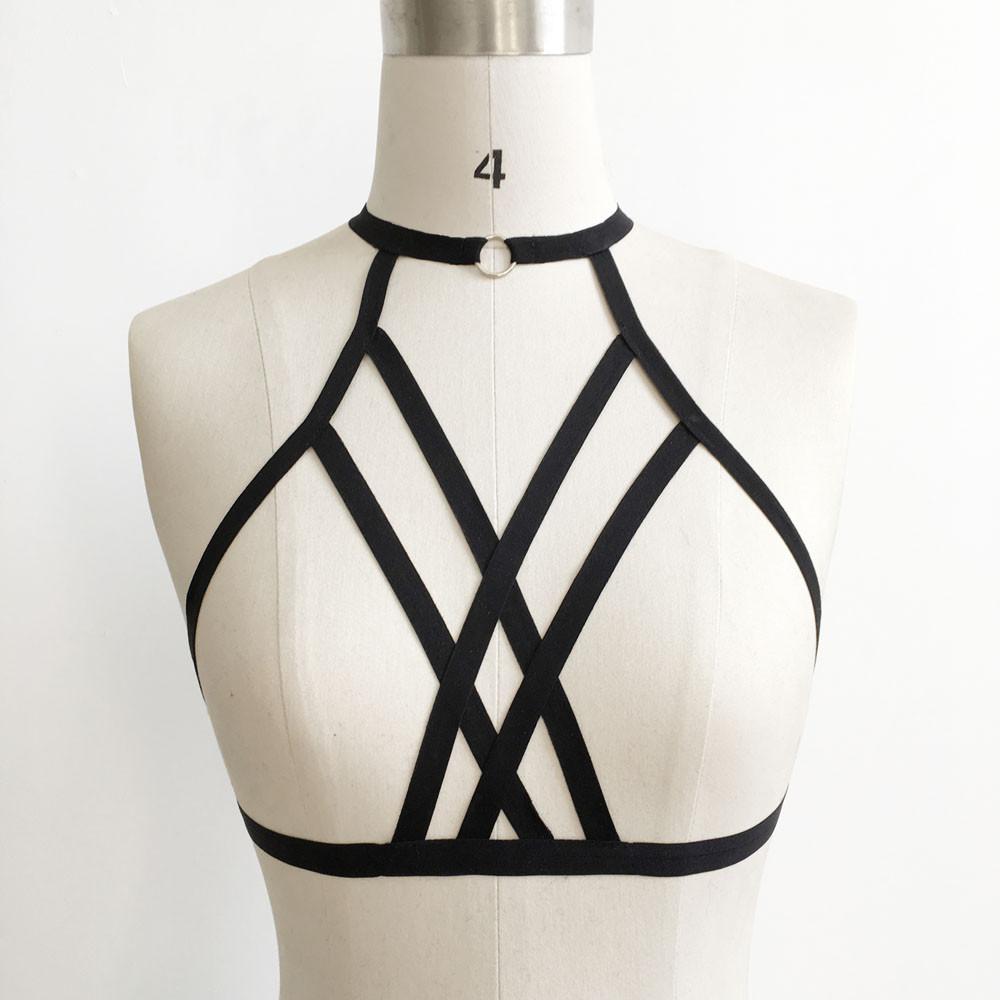 Fashion S-XL Black Y Alluring Bandage Cage Cupless Bra Goth Polyester-Black