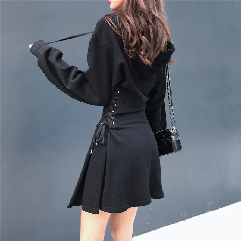 Misery Gray or Black Lace Up Hooded Dress