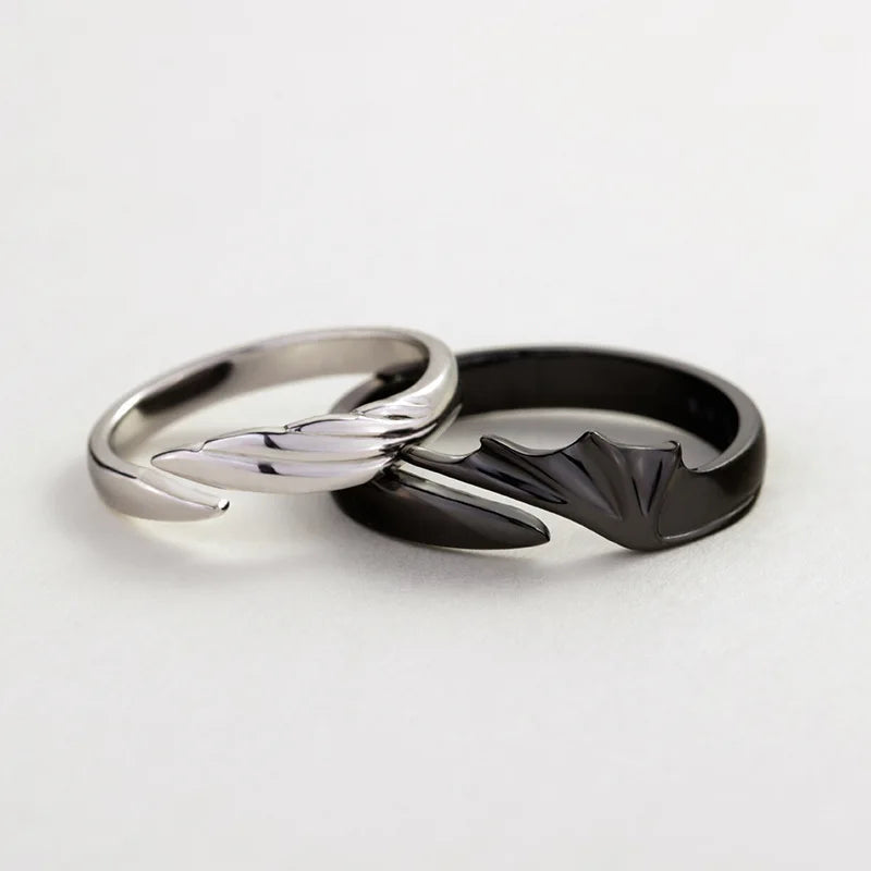 Silver/Black Angel Wings Adjustable Ring