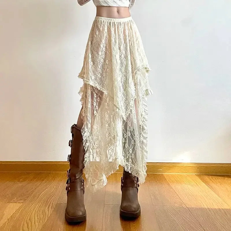 Lace Beige Fairycore Asymmetrical Skirt