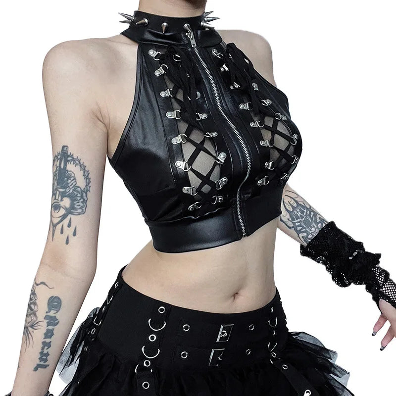 Gothic Steampunk Black Strappy Tank Vest Crop Top