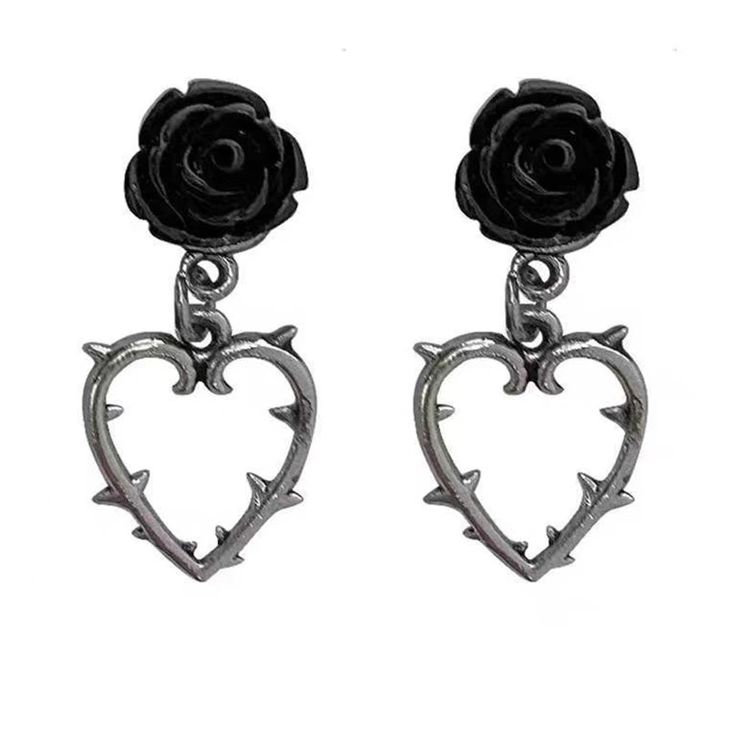 Gothic Black Rose Thorn Heart Drop Earrings