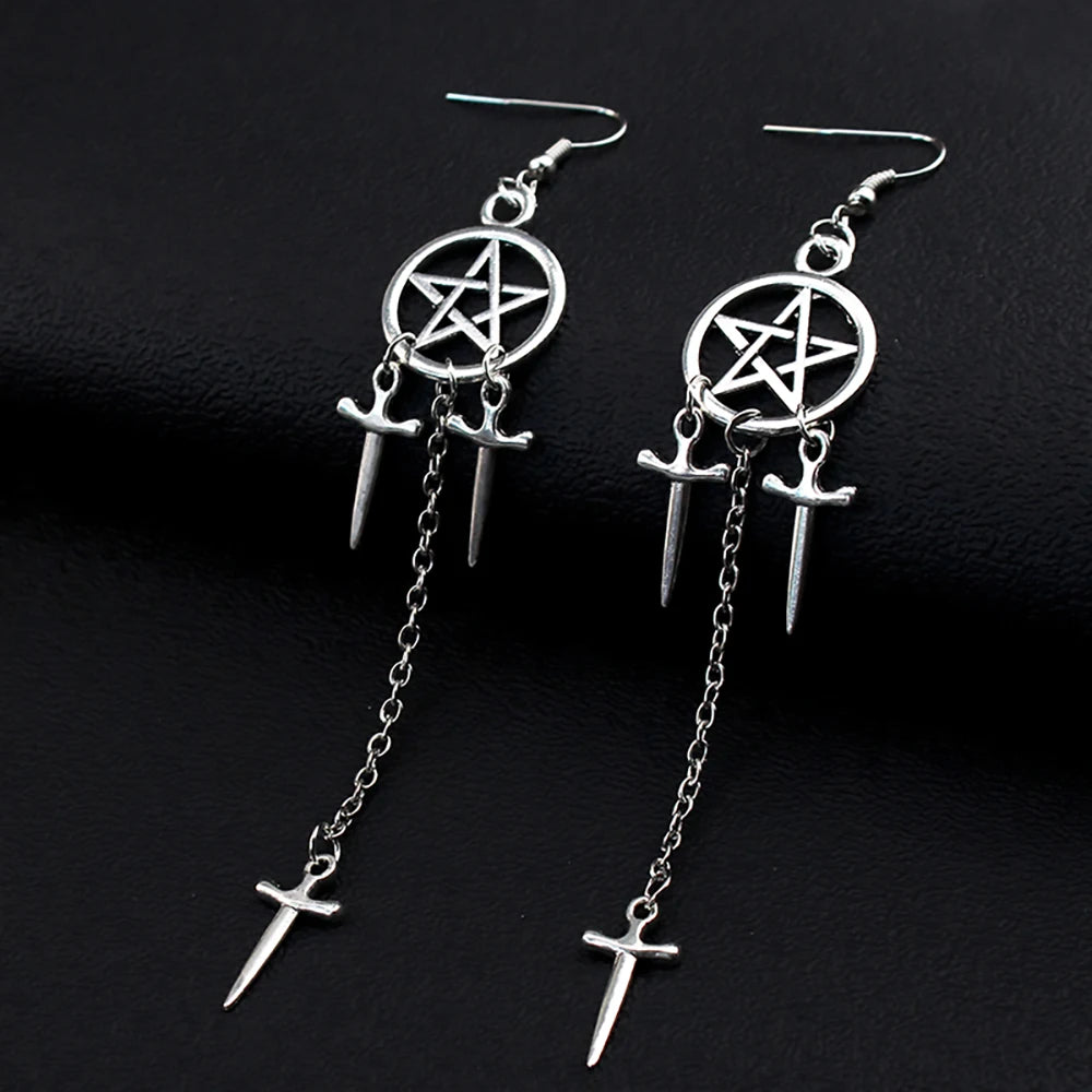 Pentagram Sword Silver Plated Earrings