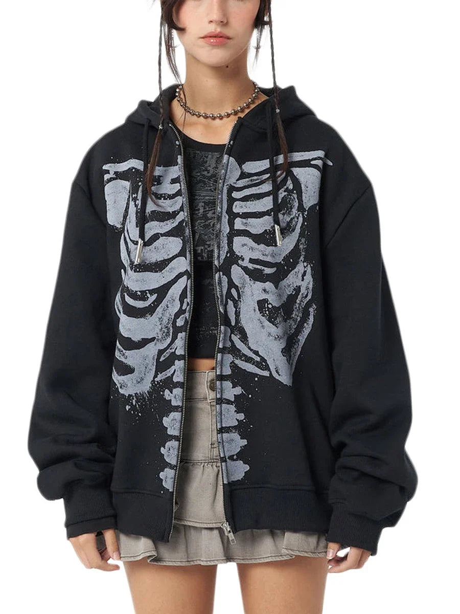 'Runaway Train' Black Grunge Skull Print Zipper Hoodie