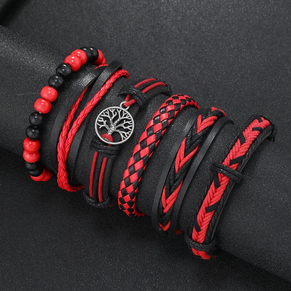 Red 6 Pc/set Wrap Woven Handmade Bracelets