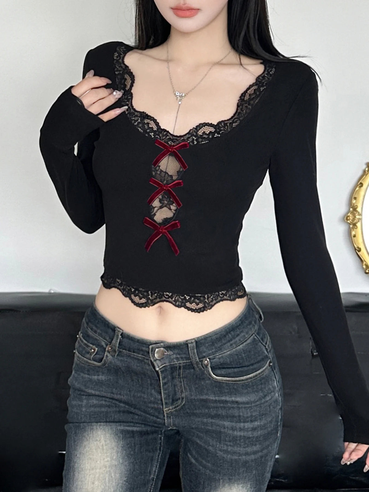 Black Bow Lace Trim Cropped Hollow Crop Top