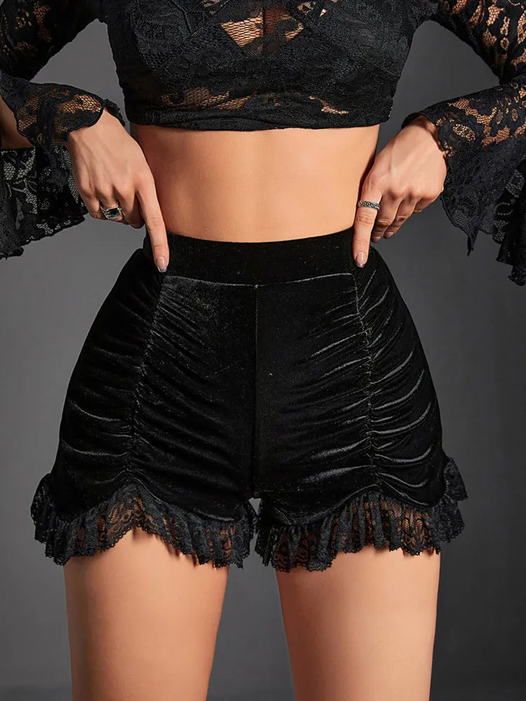 Black Mall Gothic Velvet Ruched Shorts