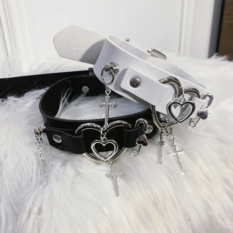 Grunge Goth PU Leather Heart Cross Choker