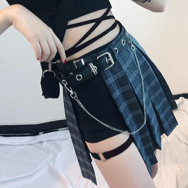 Plaid gothic asymmetric outlet mini skirt and belt