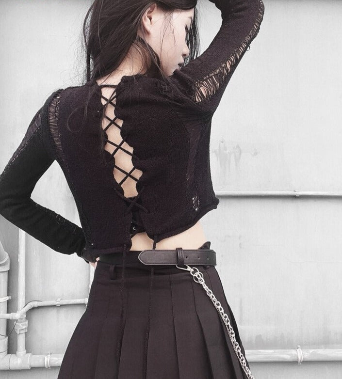Fairytale Black Knitted Ripped Lace Up Sweater Rags n Rituals