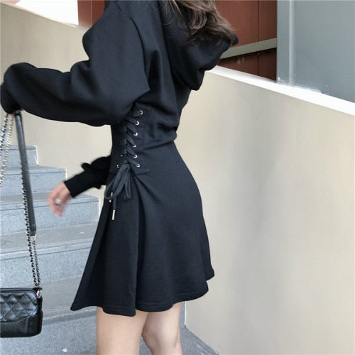 Misery Gray or Black Lace Up Hooded Dress